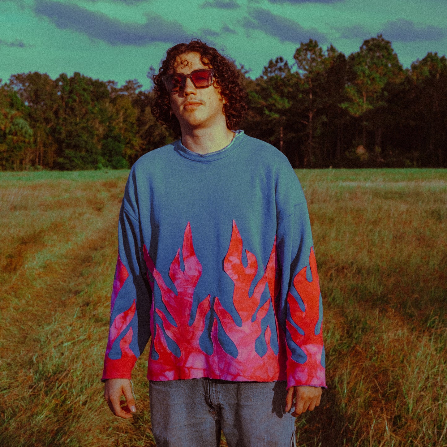 blue pink flame sweater