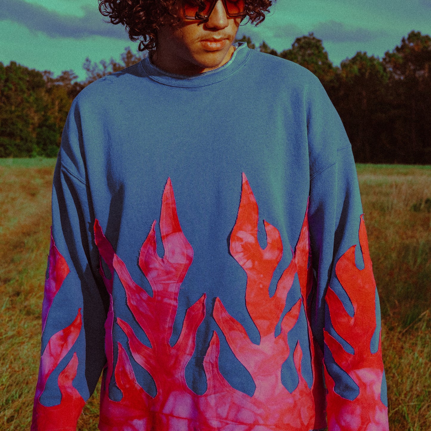 blue pink flame sweater