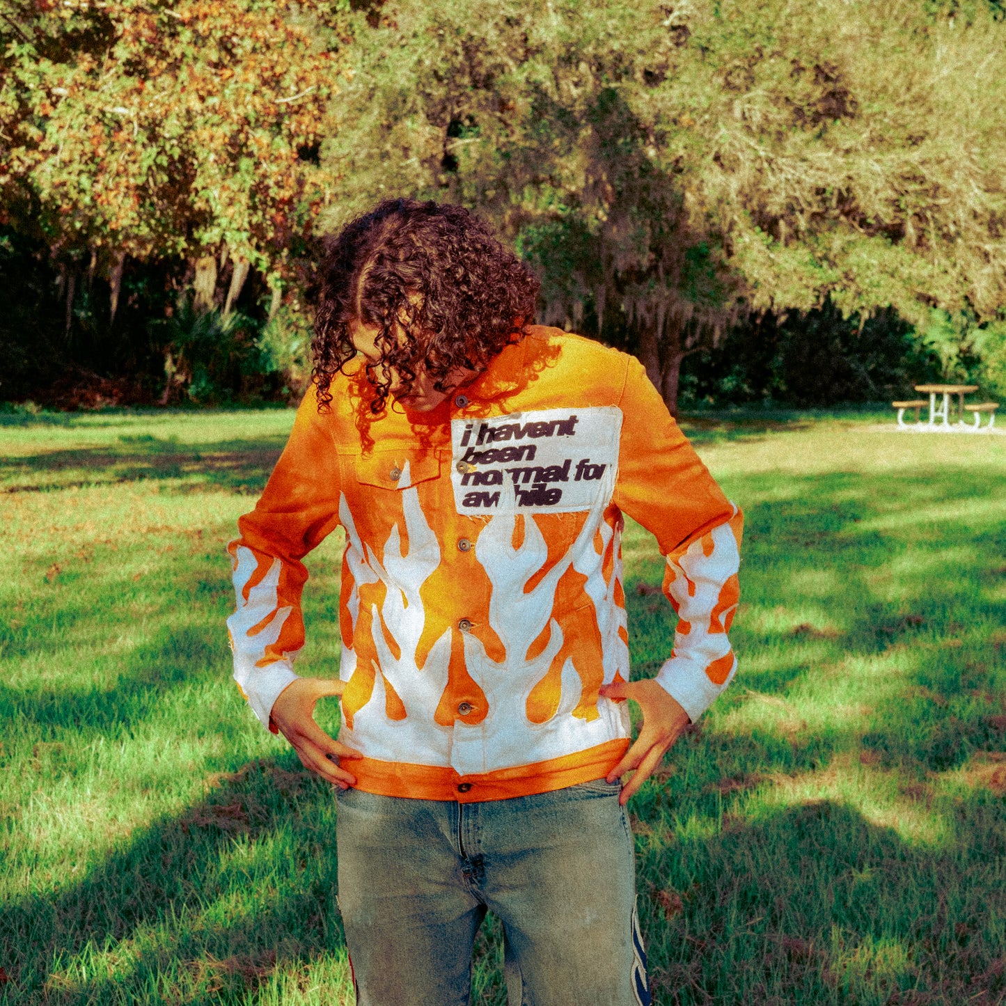 orange/white flame jacket