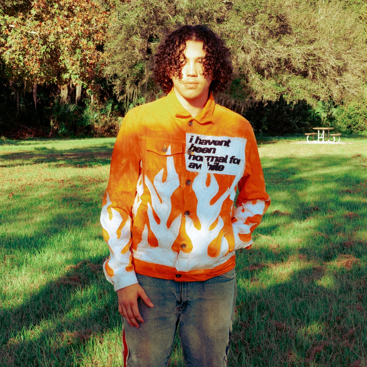 orange/white flame jacket
