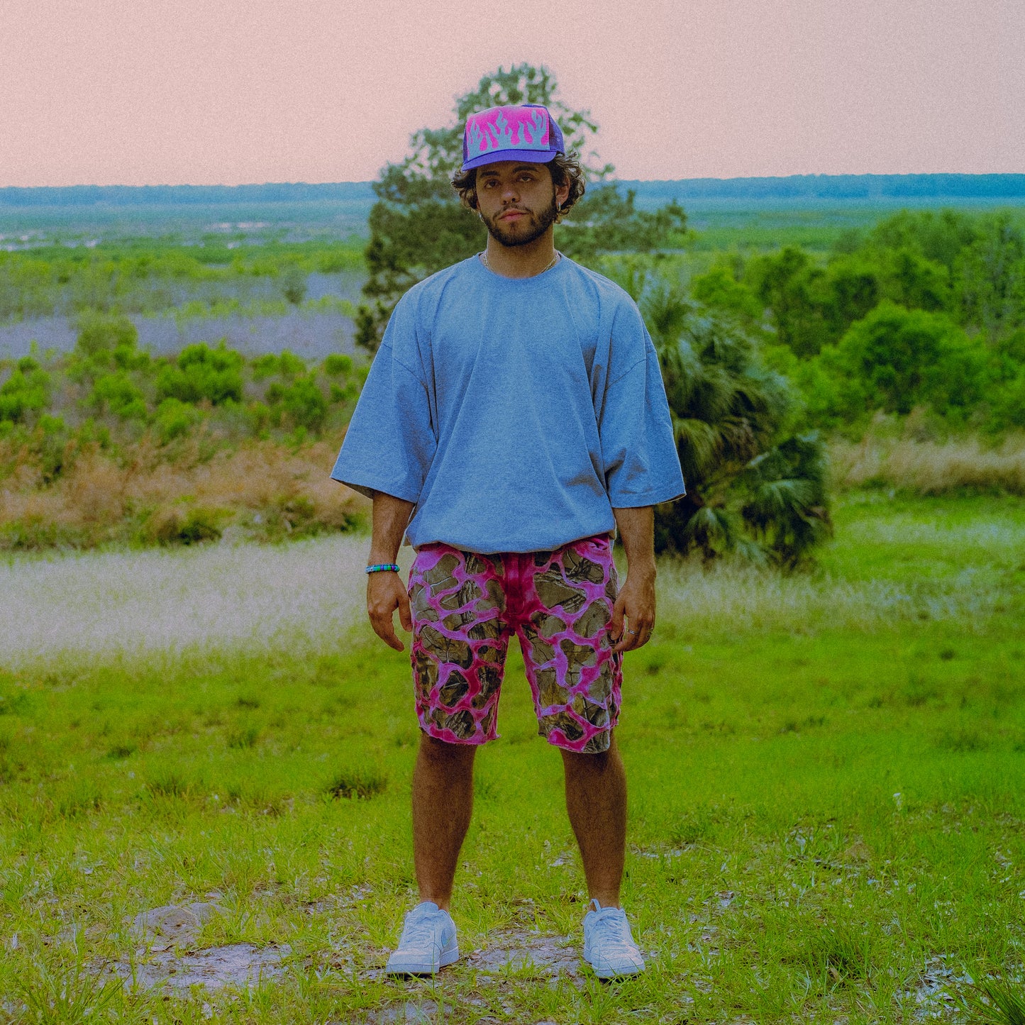 dyed pink camo wavy shorts