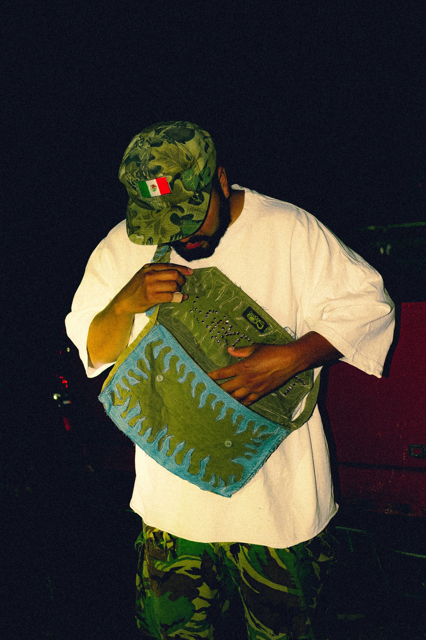 Denim flame military messenger bag