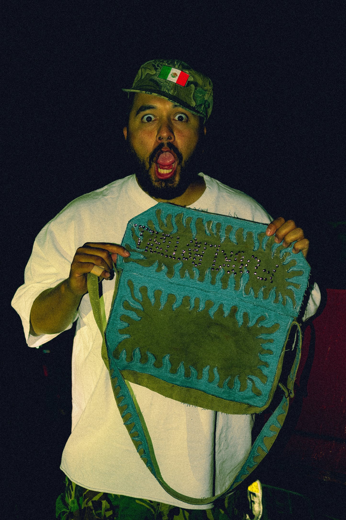 Denim flame military messenger bag