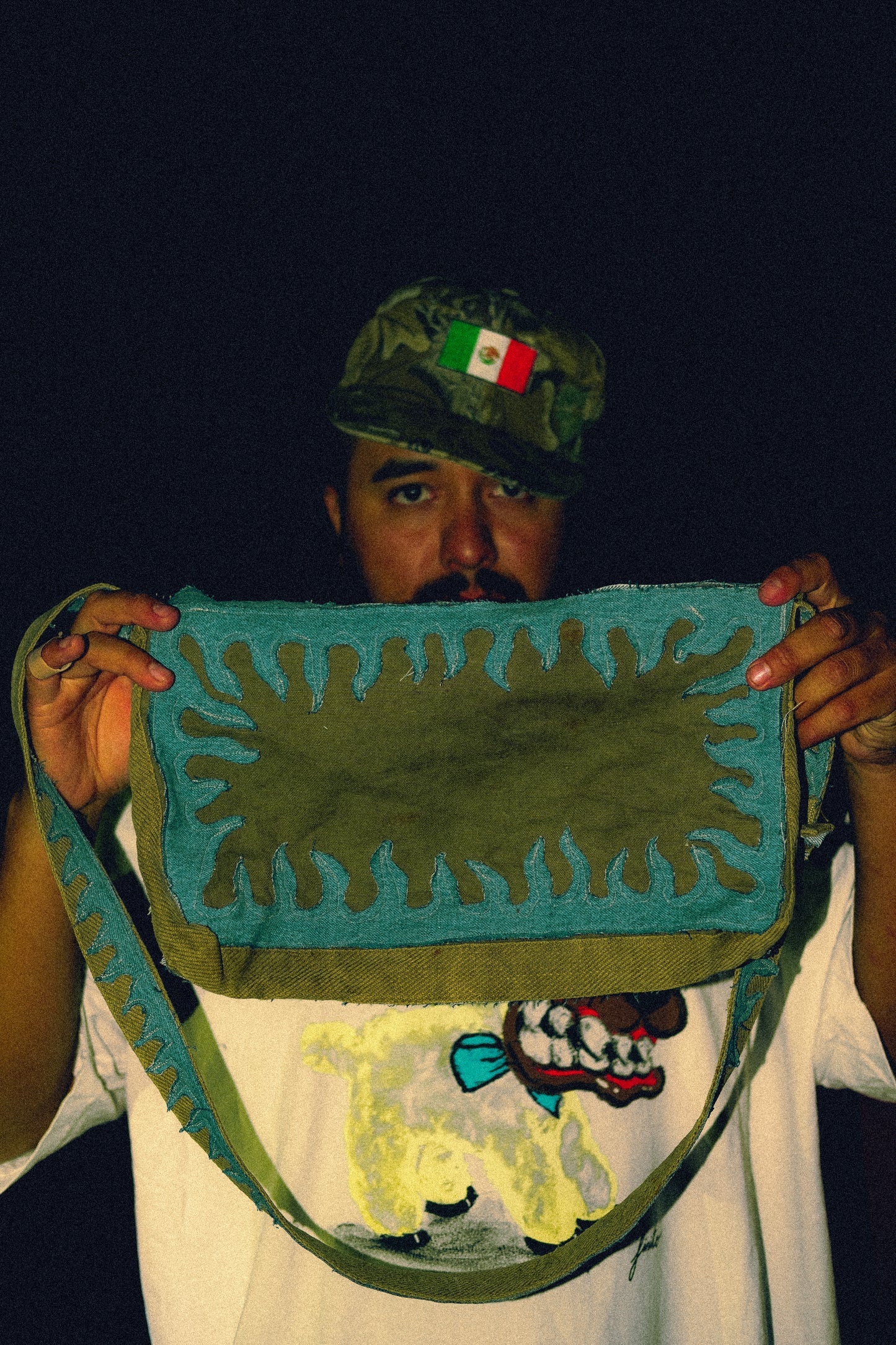 Denim flame military messenger bag