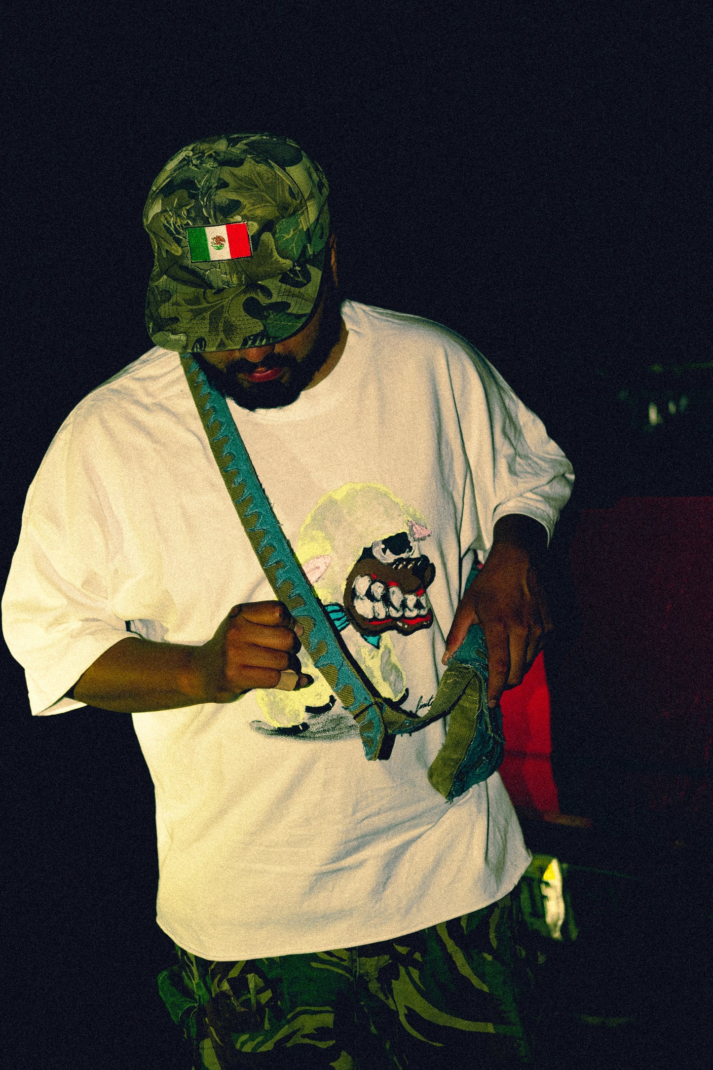 Denim flame military messenger bag