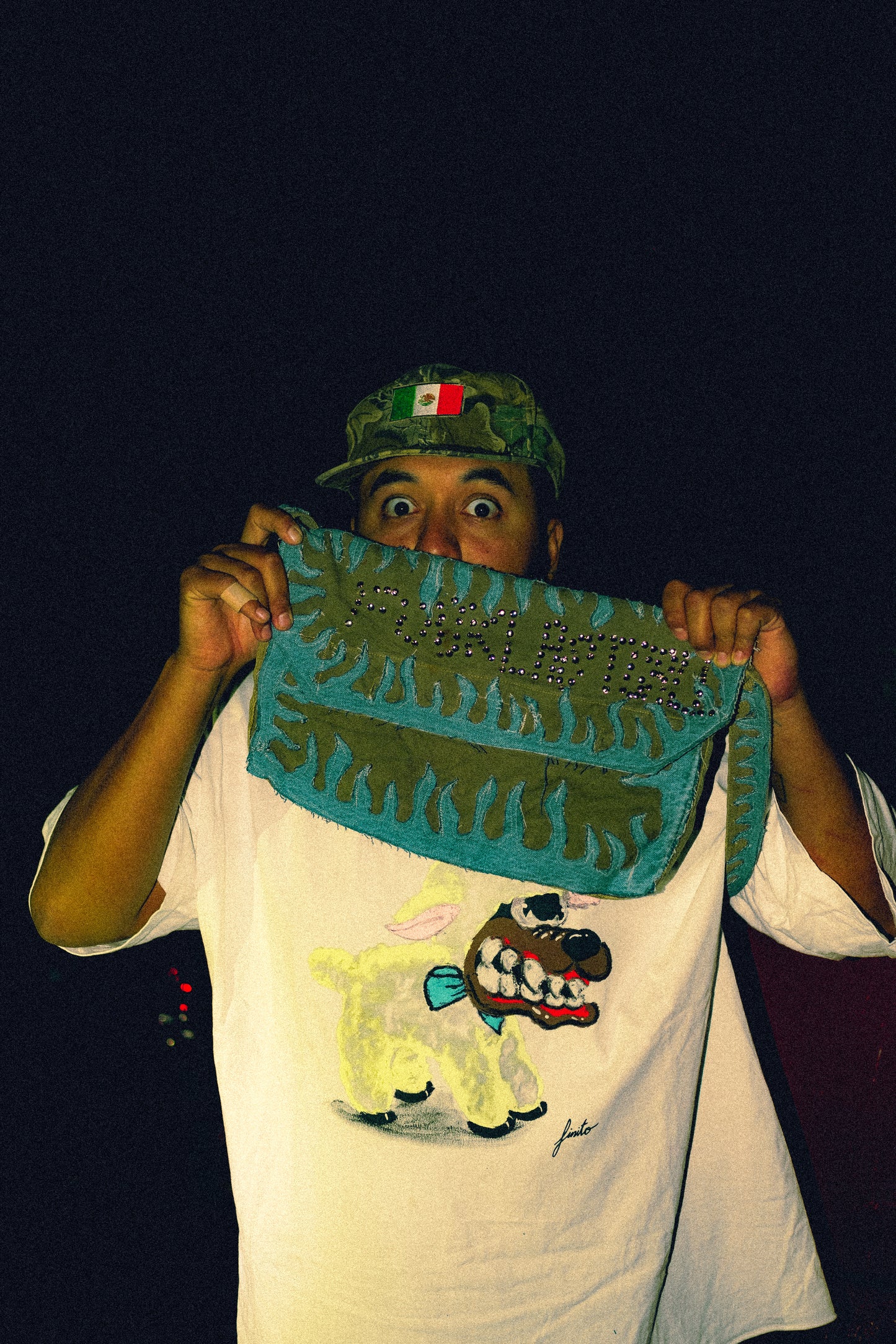 Denim flame military messenger bag