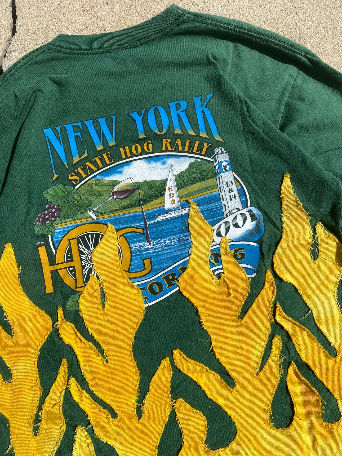 Vintage green hog rally yellow flame tee