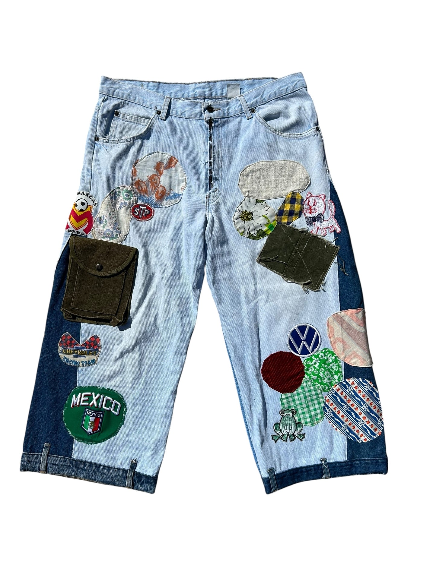 Vintage altered patched up Light blue denim flare jeans