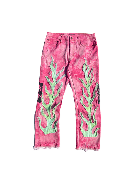 pink acidwash flame jeans