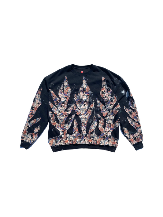 black paint splatter vintage floral flame sweatshirt