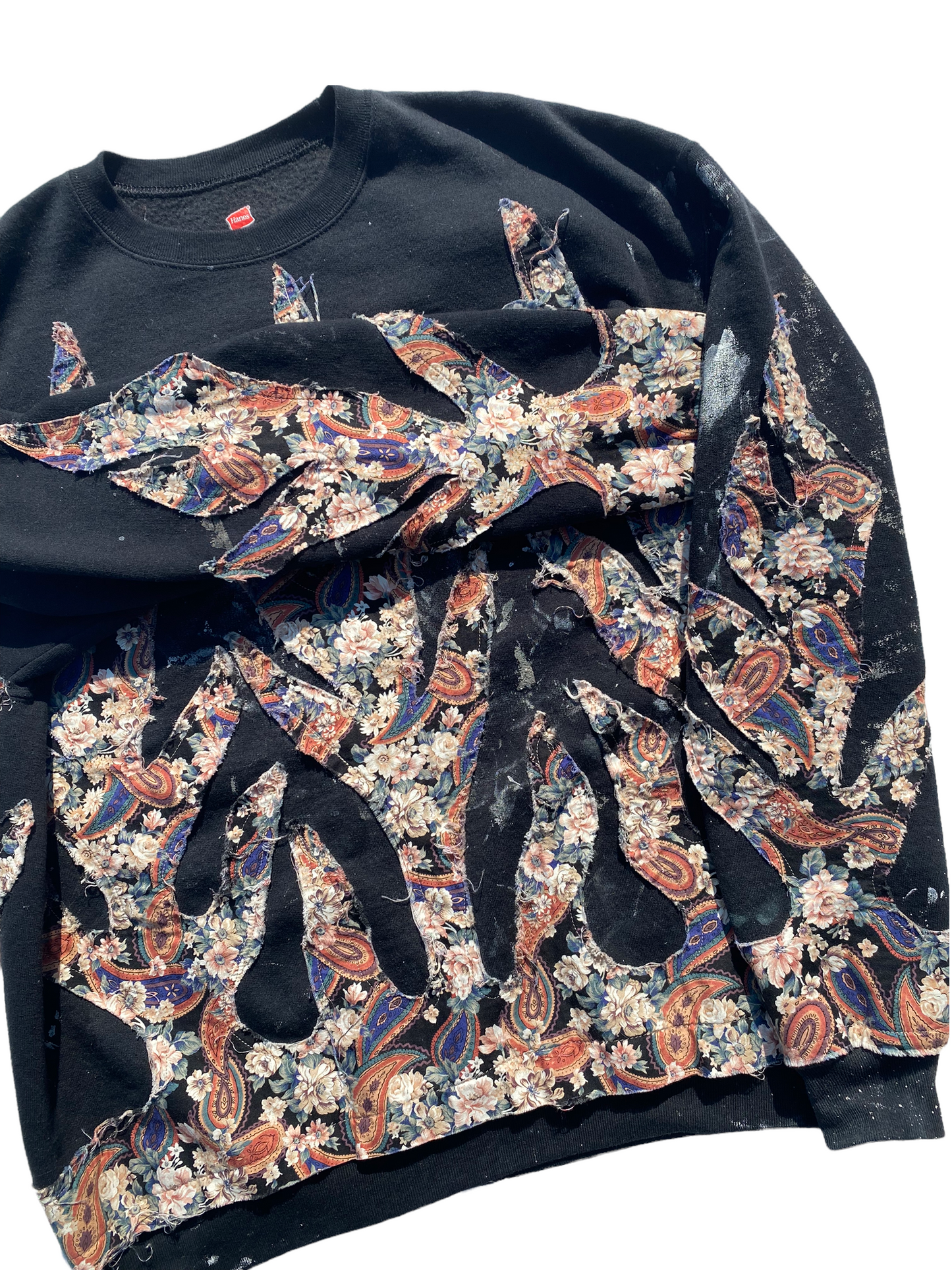 black paint splatter vintage floral flame sweatshirt