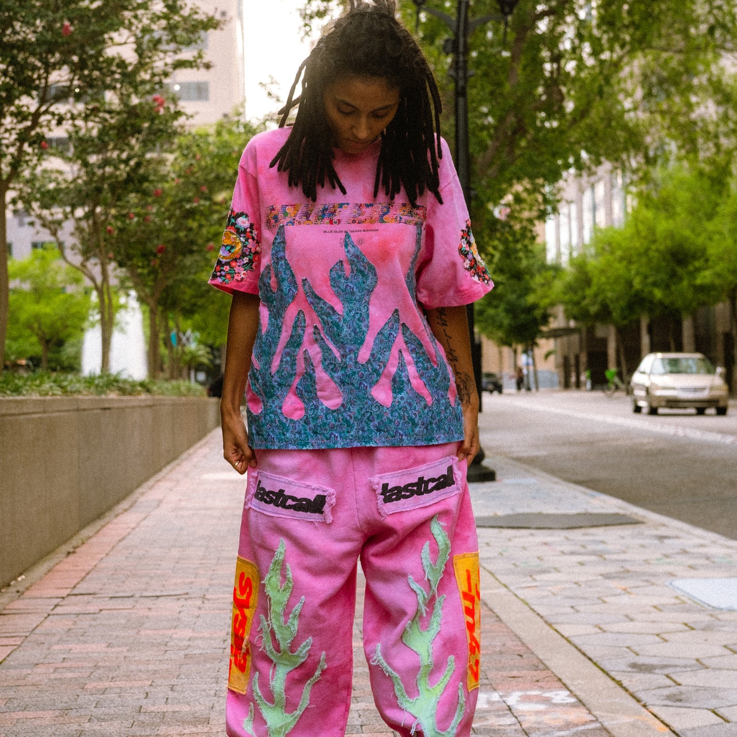 dyed pink flame sweatpants