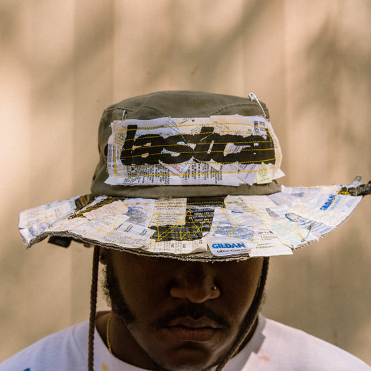 grey tagged bucket hat