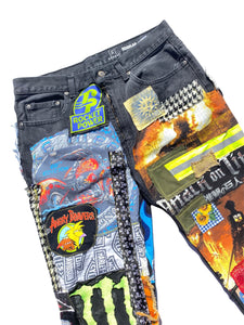 all over patch jeans