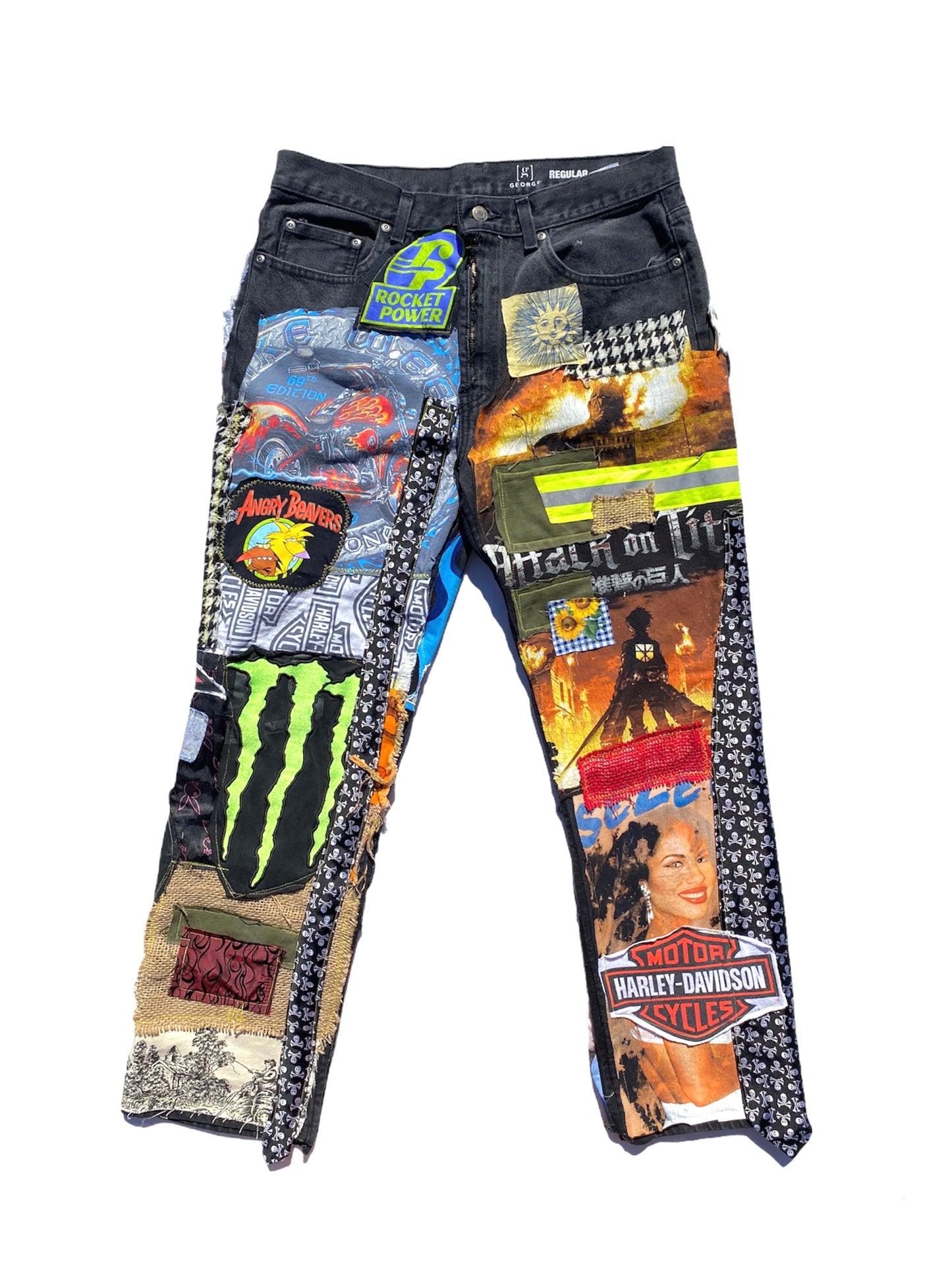 all over patch jeans