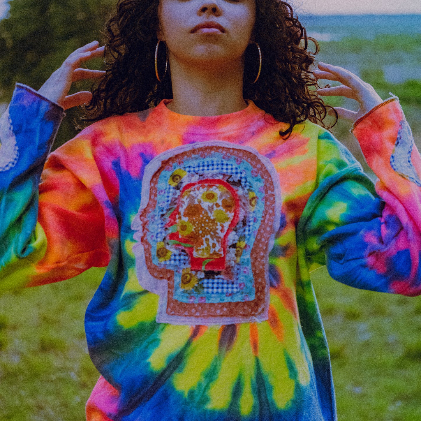 tie dye layered head sweater